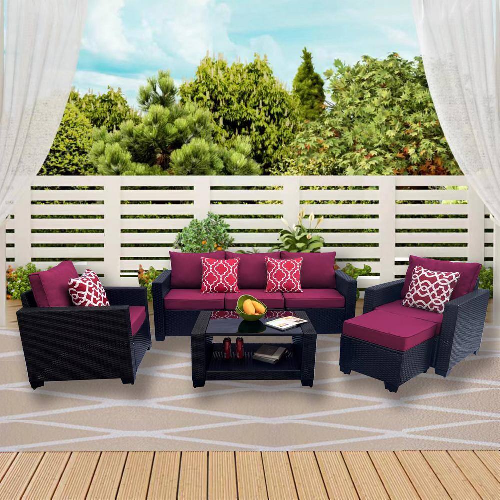 7-Piece Gray PE Rattan Wicker Outdoor Sectional Sofa Sets with Red Cushions