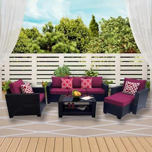 7-Piece Gray PE Rattan Wicker Outdoor Sectional Sofa Sets with Red Cushions and Coffee Table