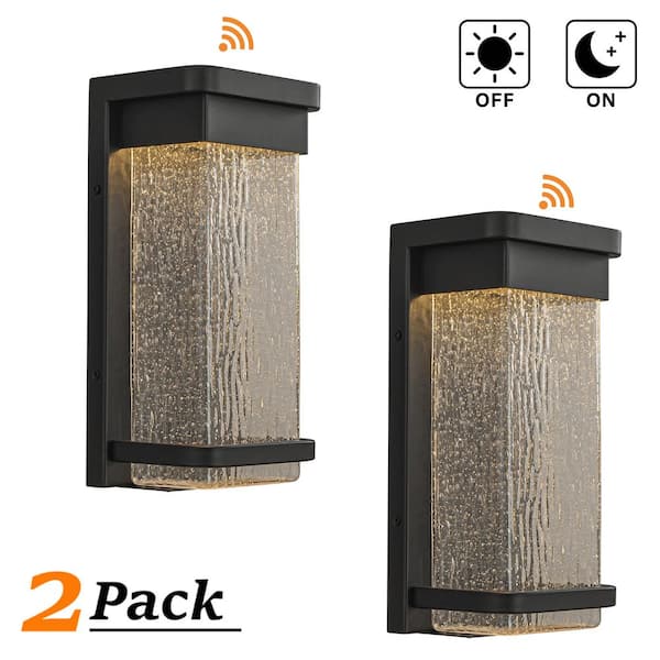 1-Light 12 in. Modern Black Seeded Glass 12W Integrated LED Outdoor Wall Lantern Sconce with Dusk to Dawn Sensor（2 Pack)