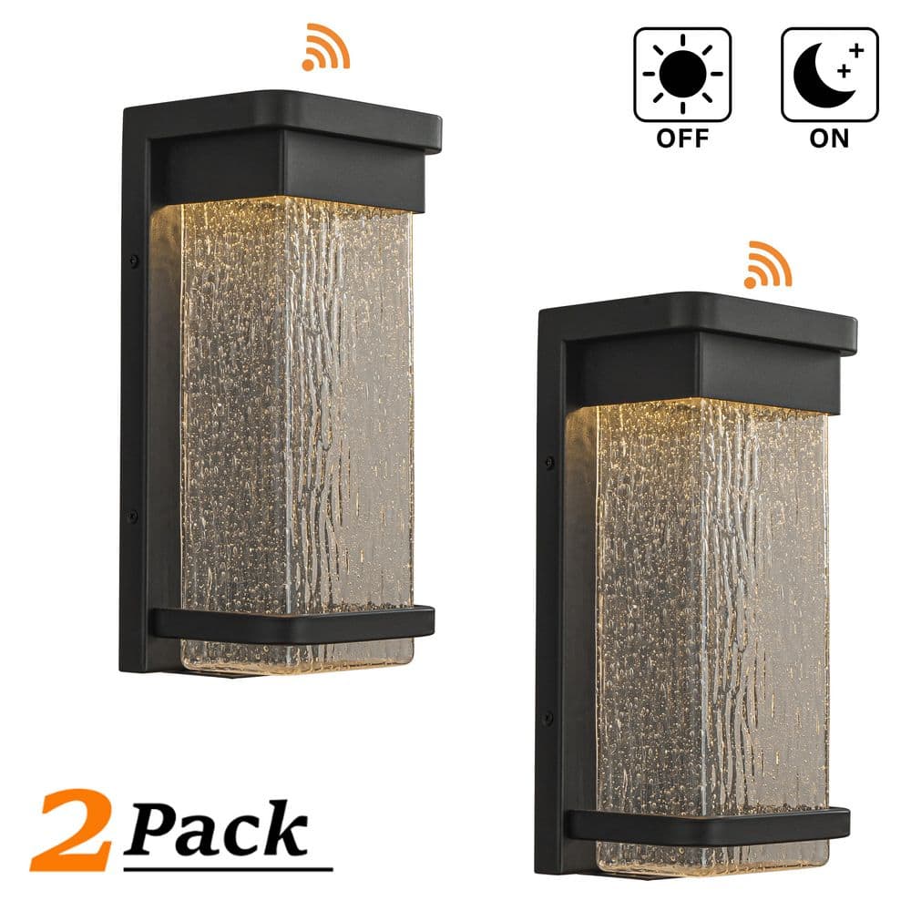 1-Light 12 in. Modern Black Seeded Glass 12W Integrated LED Outdoor Wall Lantern Sconce with Dusk to Dawn Sensor（2 Pack) price history on PriceWatchPro