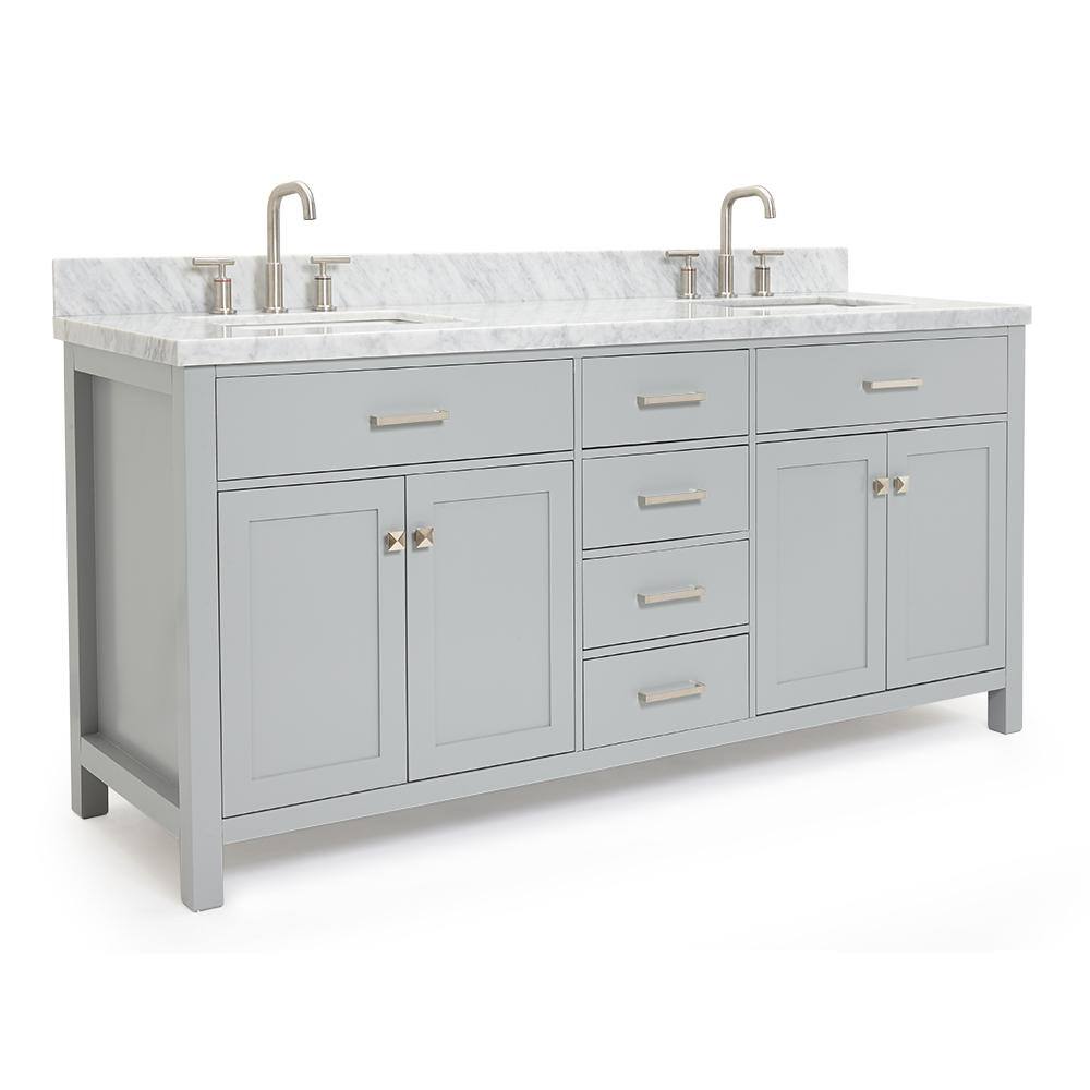 Grey Double Freestanding Vanity with White Marble Top