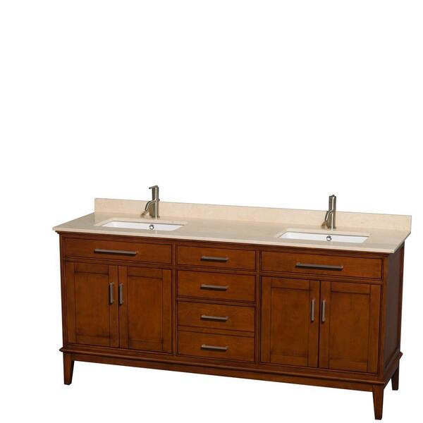 Wyndham Collection Hatton 72 in. Double Vanity in Light Chestnut with Marble Vanity Top in Ivory and Square Sinks