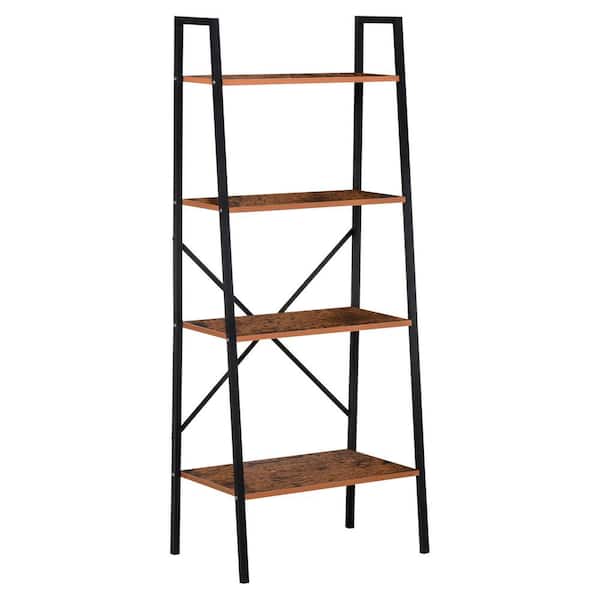 HOMCOM Industrial 57 in. Brown 4-Tier Ladder Shelf Bookshelf with Wood Metal Frame for Living Room Bathroom