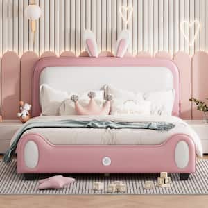 White and Pink Full Size Rabbit-Shape PU Upholstered Platform Bed with Headboard and Footboard