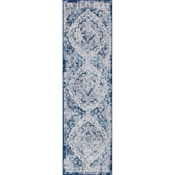 Tayse Rugs Diamond Medallion Blue 2 ft. x 8 ft. Indoor Runner Rug