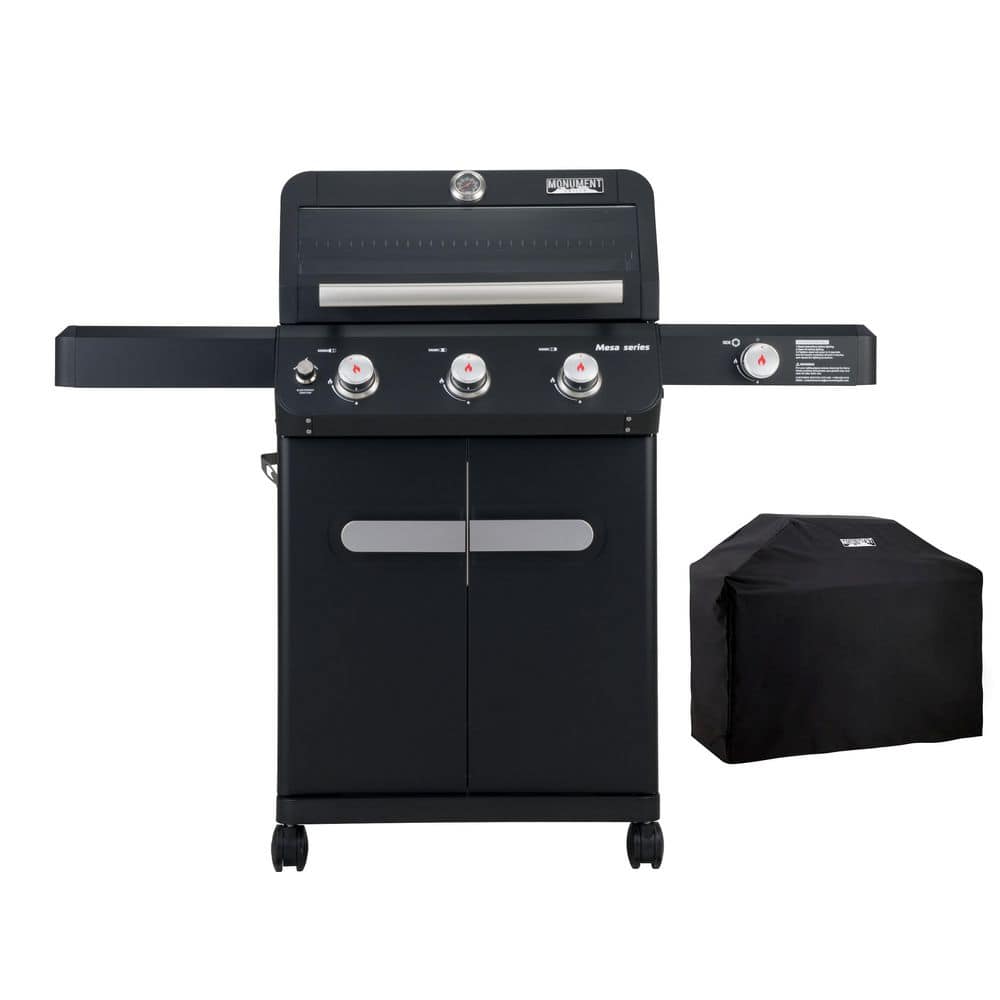 Mesa 3-Burner Propane Gas Grill in Black with Clear View Lid, LED Controls, and Grill Cover