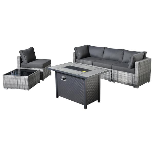 Helene Gray 6-Piece Wicker Outdoor Fire Pit Furniture Set Patio Conversation Sofa Set with Black Cushions