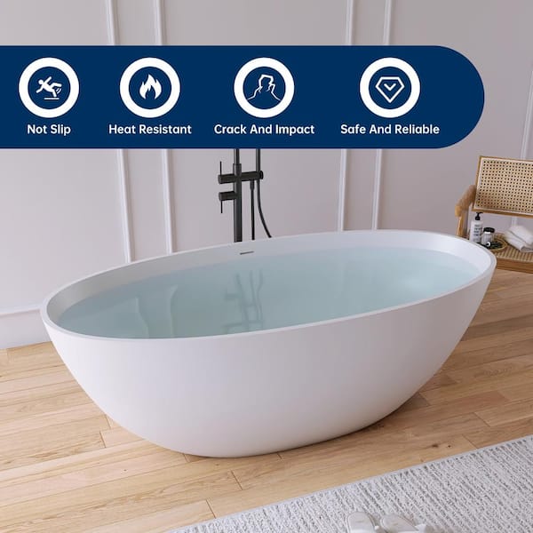 Eaton 65 in. Stone Resin Solid Surface Matte Flatbottom Freestanding Bathtub in White