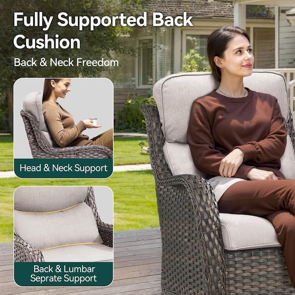 Luxury 4-Piece Brown Swivel Glider Wicker Outdoor Rocking Chair with Olefin Beige Cushions for Patio or Porch