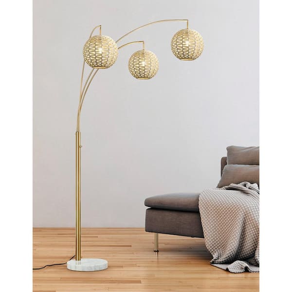 HomeGlam Kyoto 83 in. Brushed Brass 3-Lights Arc Tree Floor Lamp
