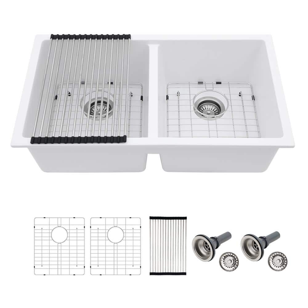 LORDEAR 33 in. x 19 in. White Quartz Composite Sink Double Bowl 50/50 ...