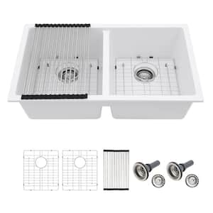 33 in. x 19 in. White Quartz Composite Sink Double Bowl 50/50 Undermount Kitchen Sink with Accessories