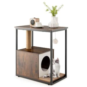 14 in. Natural Wood Cat Furniture End Table with Scratching Post Removable Scratching Mat Living Room