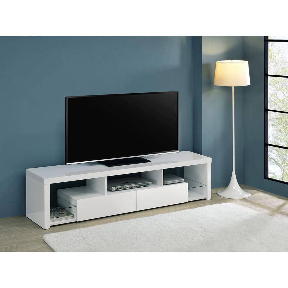 Jude White High Gloss TV Stand with Glass Shelves and Cabinet