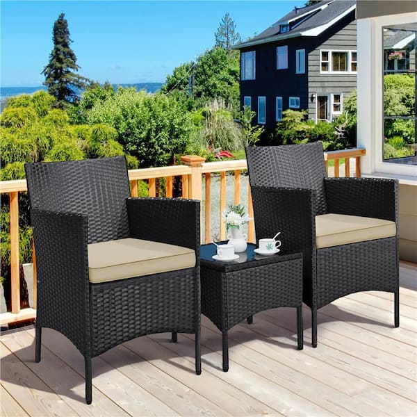 3-Piece Rattan Furniture Set Outdoor Wicker with Khaki Cushions and 1 Side Table for Bistro Porch Garden