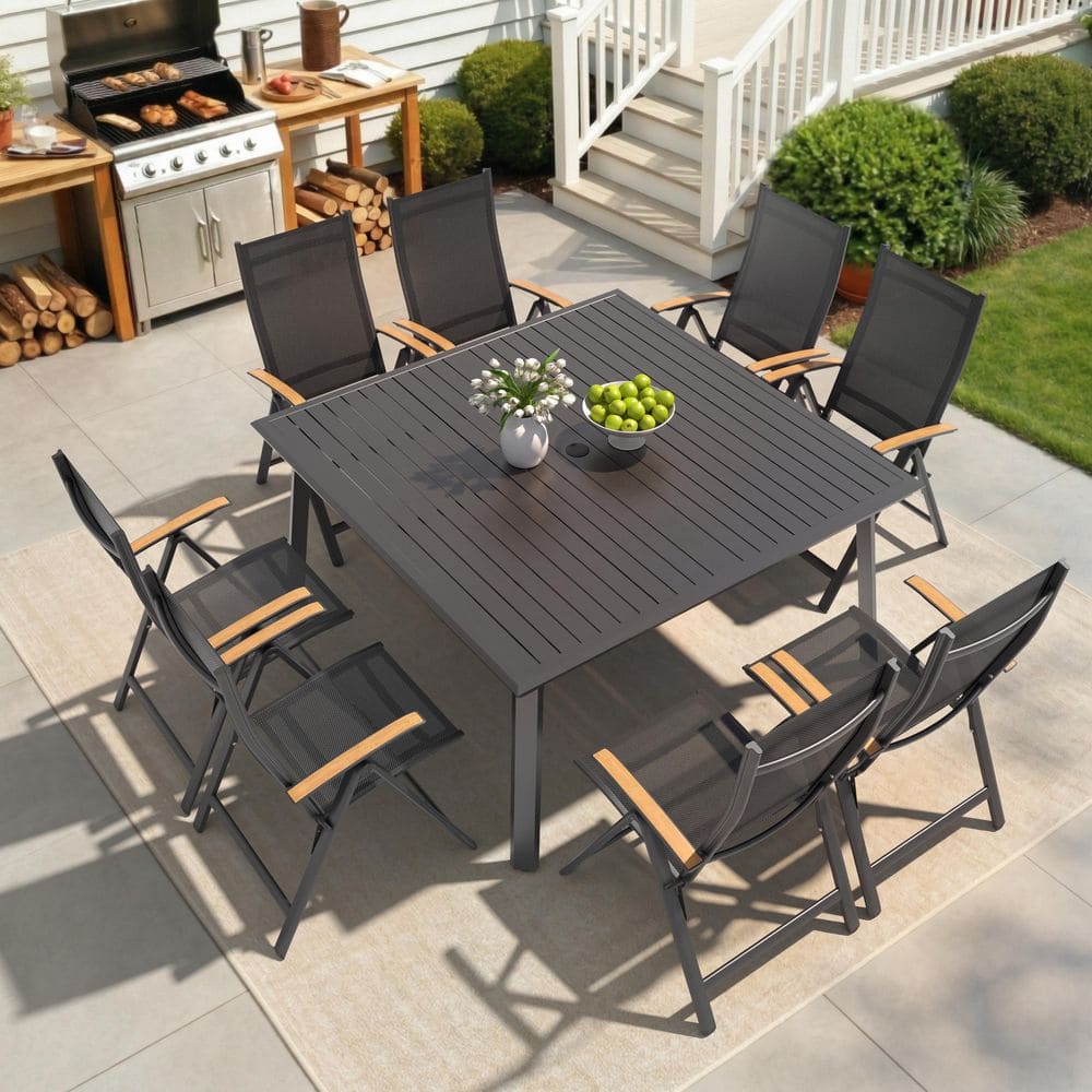 9-Piece Aluminum Outdoor Dining Set 56.9 in. Square Dining Table and Black Foldable Dining Chairs with Adjustable Back price history on PriceWatchPro