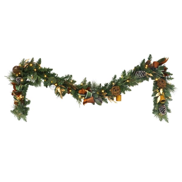 9 ft. Green Battery-Operated Prelit Decorated Artificial with Pine Cones and Gold Accents
