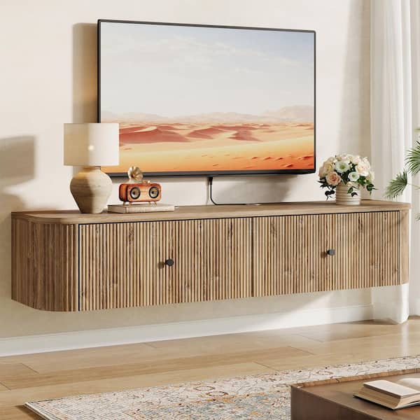 BYBLIGHT Ezlynn Light Brown 55 in. Wall Mounted TV Stand with 2