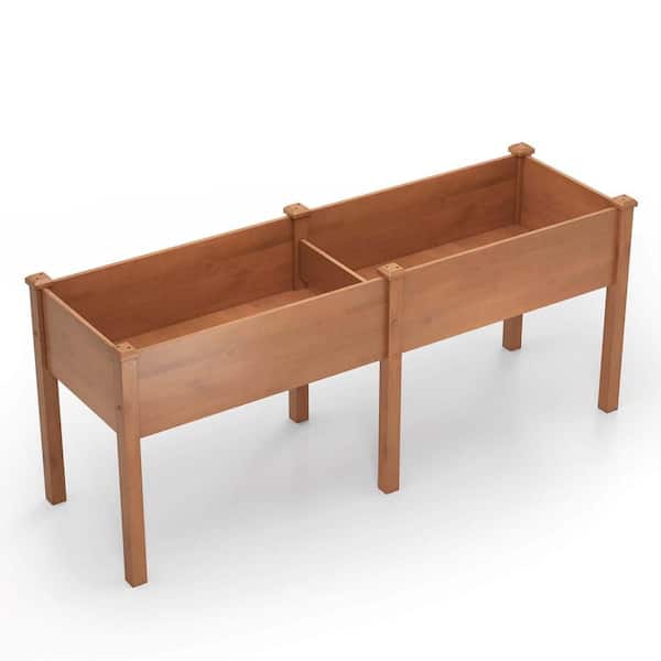 Costway Brown Fir Wood Raised Garden Bed Elevated Planter Box with 2 Large Planting Areas (1-Pack)