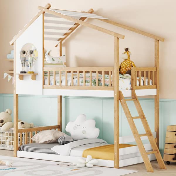 Natural Twin Over Twin Wood Bunk Bed with Roof, Window and Ladder