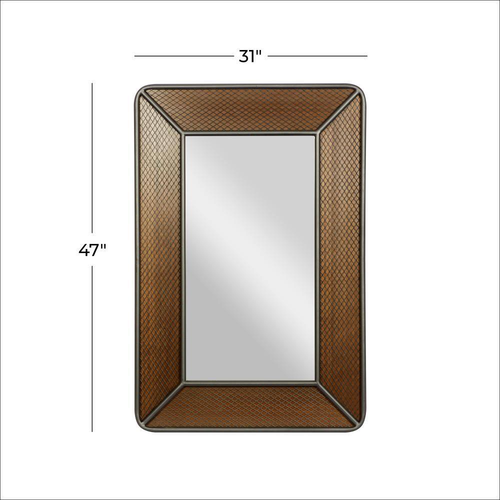 Brown Rectangular Wood Wall Mirror with Netting Frame