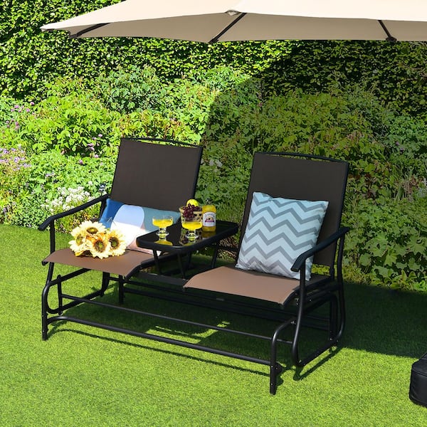 SUNRINX 1-Piece Metal Patio Conversation Rocking Loveseat with Mesh Fabric and Center Tempered Glass Table-Brown