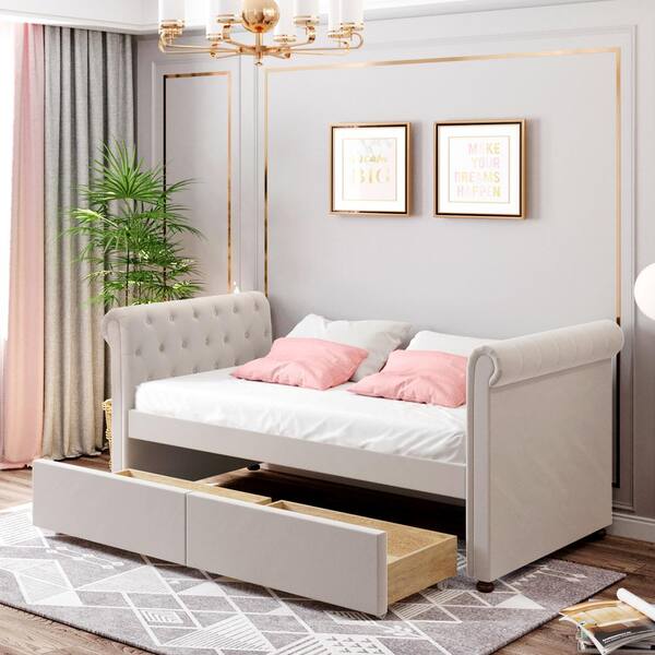 GOJANE Beige Twin Upholstered Daybed with Drawers Wood Slat Support ...