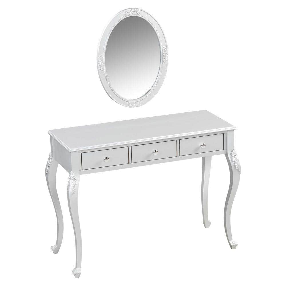 dressing table stool silver 2-Piece Silver Makeup Vanity Set, Vanity Desk, Dressing Table Set w/Round Mirror, 4-Drawers and Stool, Height-Adjustable NHL-844P262897S