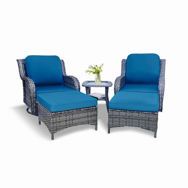 5-Piece Wicker Patio Conversation Set With Blue Cushions with 2 Swivel Rocking Chairs, 2-Ottomans and 1-Side Table