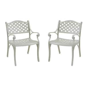 White Unique Back Flower Pattern Cast Aluminum Outdoor Dining Chair (2-Pack)