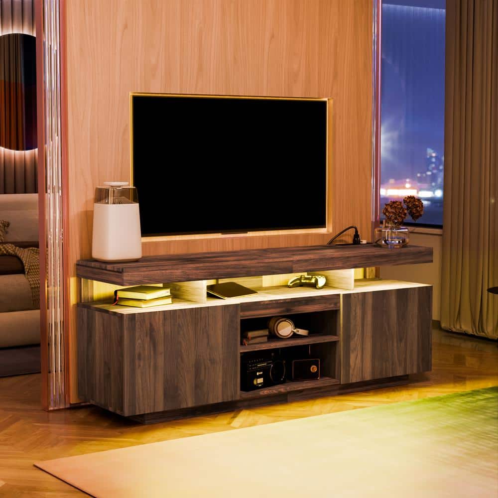 Walnut 64" Modern TV Stand with LED Lighting and Cabinets