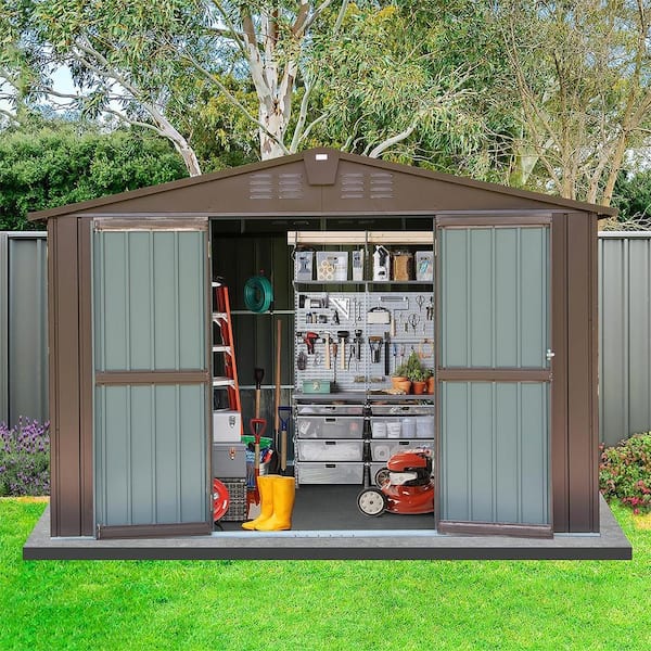 Unbranded 10 ft. x 8 ft. Outdoor Metal Storage Shed with Lockable Double Doors, Covered 80 sq. ft. Large Waterproof Shed, Brown