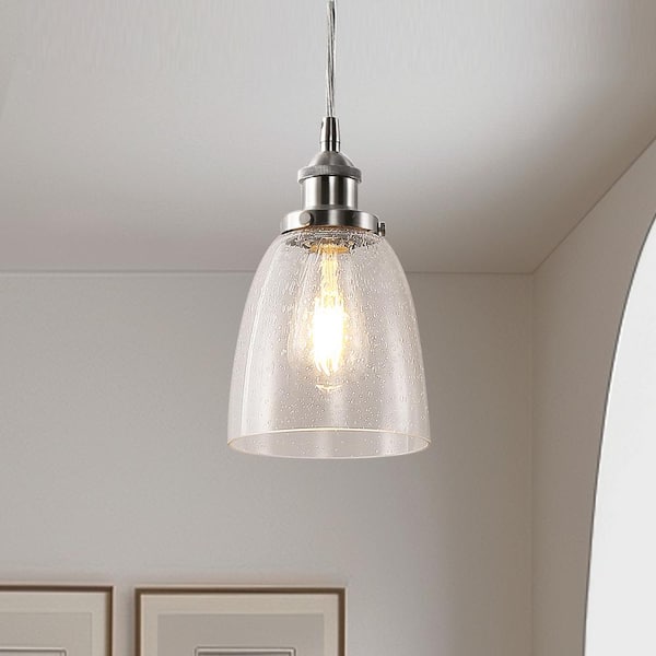 1-Light Brushed Nickel Industrial Glass Pendant Light, Hanging Ceiling Fixture for Kitchen, Bar, and Dining Room