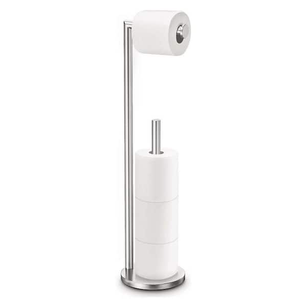 BWE Freestanding Bathroom Toilet Paper Holder with Reserve Storage 3-4 Toilet Paper Rolls, Double Rod in Brushed Nickel