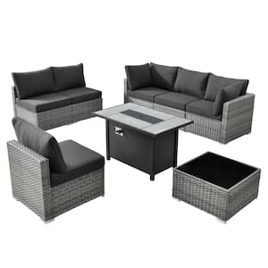 Messi Gray 8-Piece Wicker Outdoor Patio Conversation Sectional Sofa Set with a Metal Fire Pit and Black Cushions