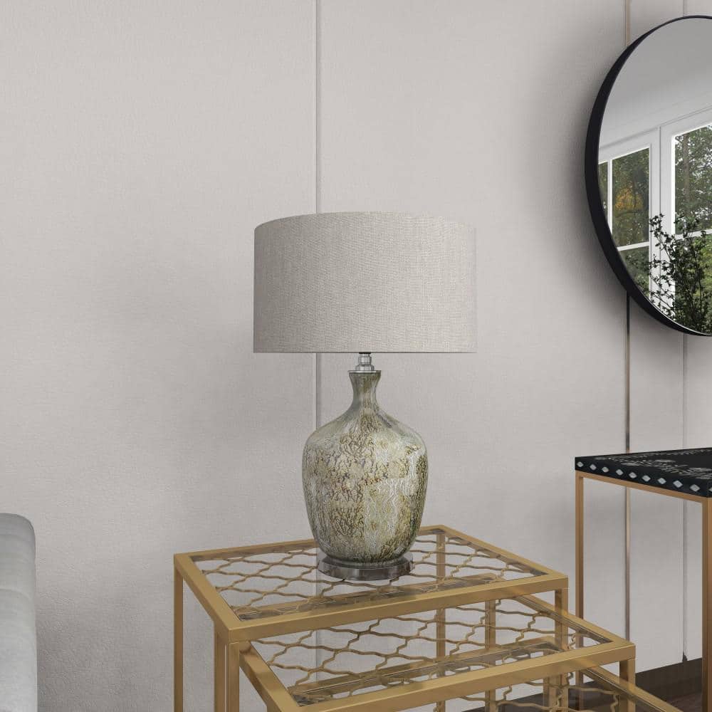 Silver Mercury Glass Table Lamp with Beige Linen Shade