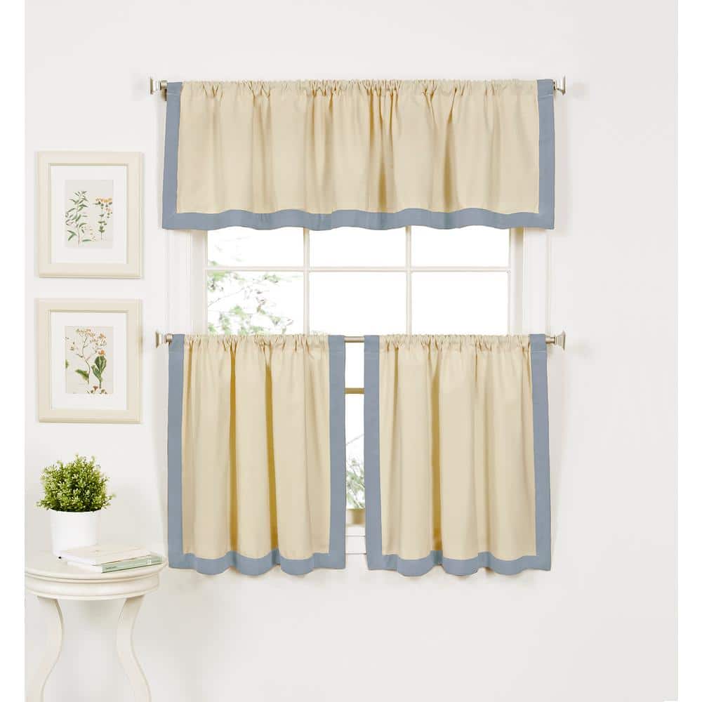 Blue Cotton Room-Darkening Rod Pocket Kitchen Tiers, 30" W x 24" L, Set of 2