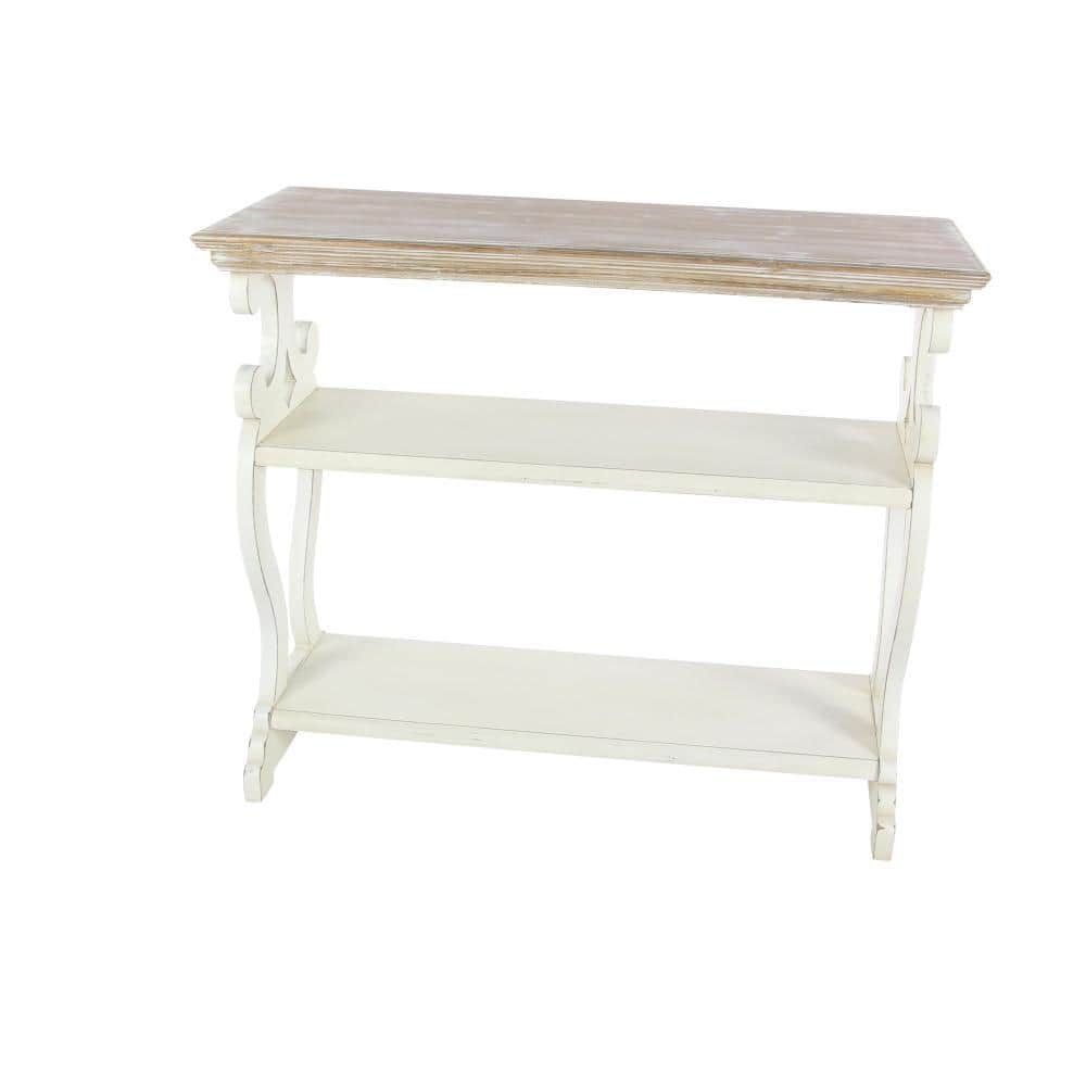 Cottage Charm White and Natural Wood 2-Tier Console Table with Storage