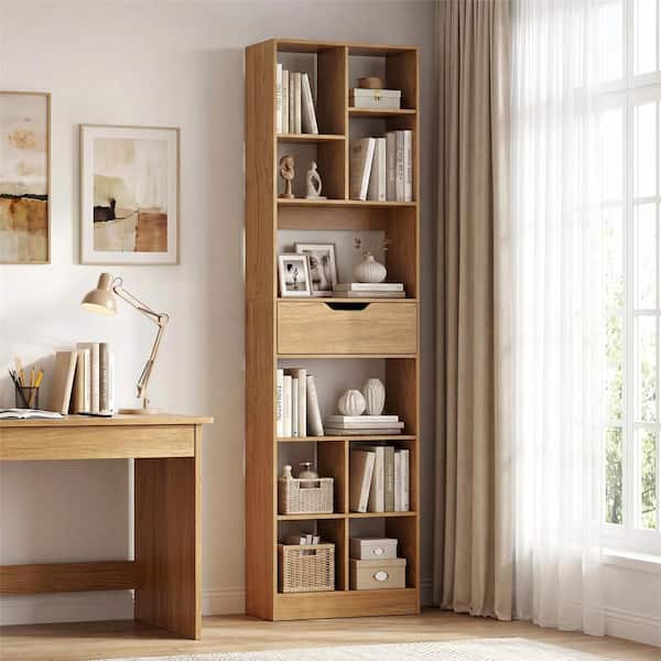 71 in. Tall Freestanding Bookcase with Drawer 10-Cube Storage Organizer Natural
