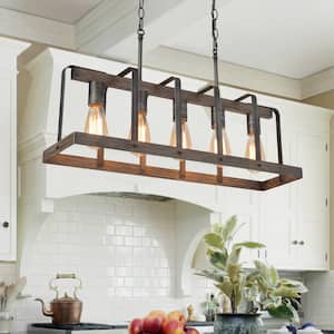 Farmhouse 5-Light Brushed Gray Island Linear Cage Chandelier Pendant Light with Faux Deep Wood Accents for Kitchen