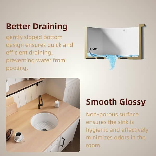 18 in. White Kitchen Sink Undermount, Compact Round Single Bowl Fireclay Basin, Includes Grid and Drain Strainer