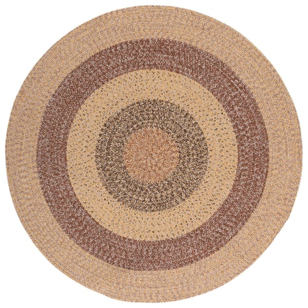 Braided Beige/Brown 3 ft. x 3 ft. Machine Washable Solid Striped Border Round Area Rug