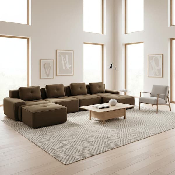 TITK 152.8 in. Track Arm 5-Piece Corduroy Modular Sectional Sofa with Deep Seat and 2 Movable Ottomans in Espresso Brown