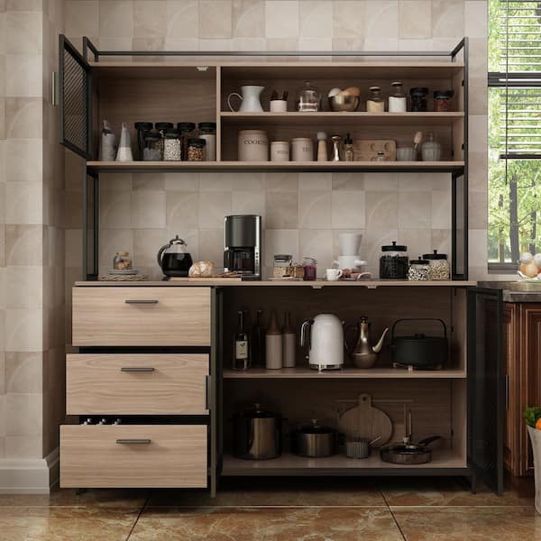 FUFU&GAGA 59 in. W Beige Large Kitchen Pantry Organizers Cabinet Buffet  with 3-Drawers, 6 Shelves and Metal Mesh Doors KF210150-34 - The Home Depot