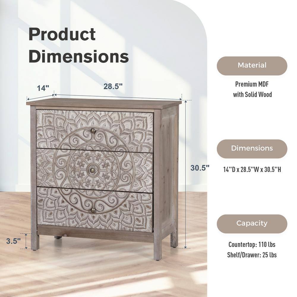 Beige accent cabinet with dimensions: 14"D x 28.5"W x 30.5"H.