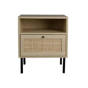 18.9 in. Natural Rectangle MDF End Table Side Table Nightstand with Door Open Shelf and Metal Frame