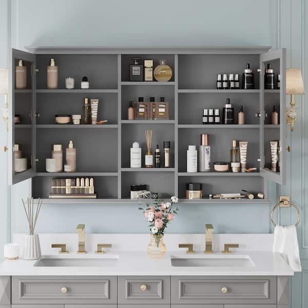 ANGELES HOME 55 in. W x 35 in. H Rectangular Solid Wood Bathroom Medicine Cabinet with Mirror, 2 Soft-Closed Doors, Easy Hang, Gray