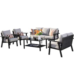 Walden Grey 5-Piece Wicker Metal Outdoor Patio Conversation Sofa Set with a Coffee Table and Beige Cushions