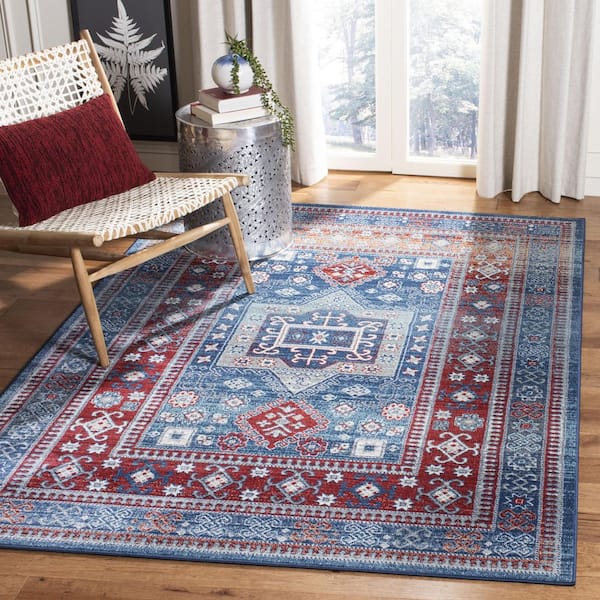 Kazak Red/Blue 4 ft. x 6 ft. Border Persian Oriental Area Rug