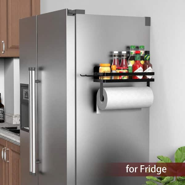 Magnetic Paper Towel Holder for Fridge with Spice Shelf and 2 Hanging Racks, No Drilling, Black
